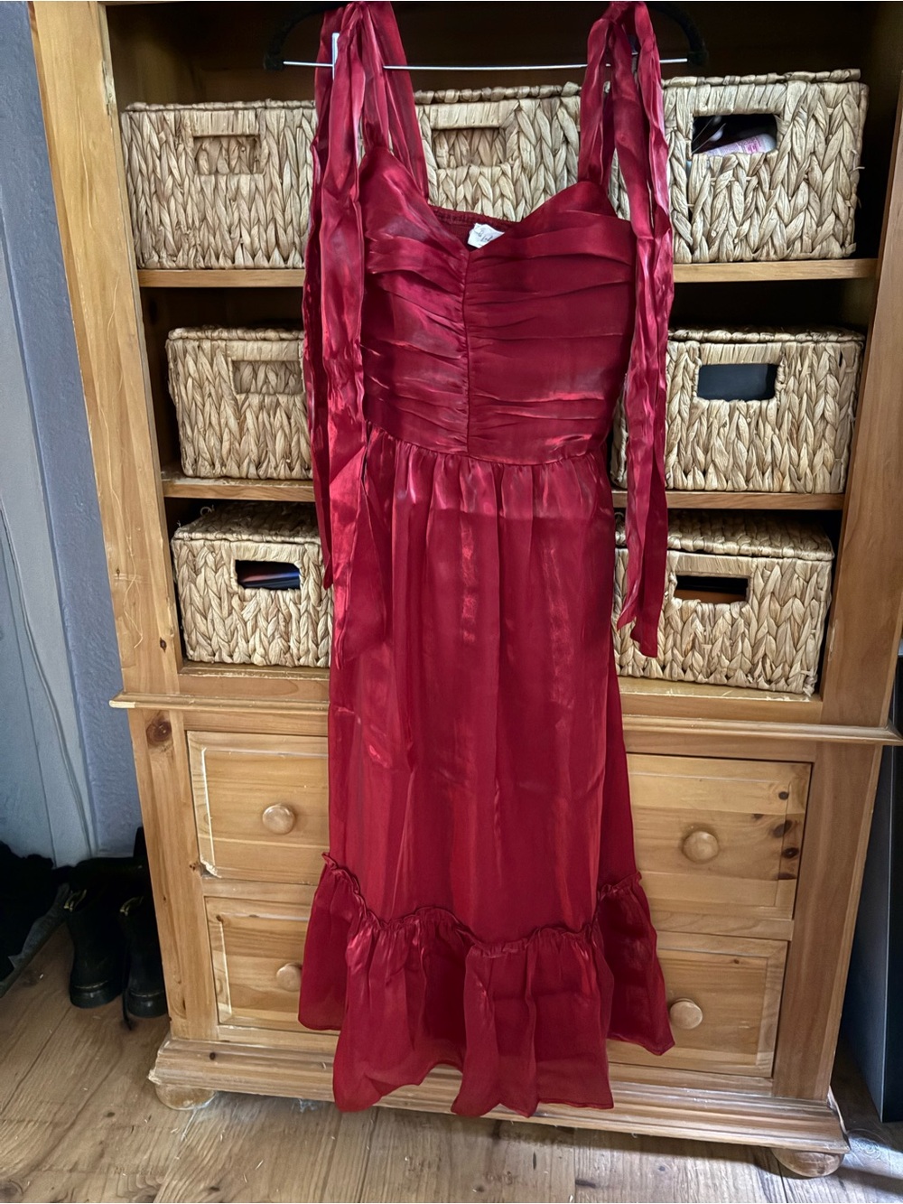 In February Red Satin Midi Dress with Ruffle Hem bow shoulder